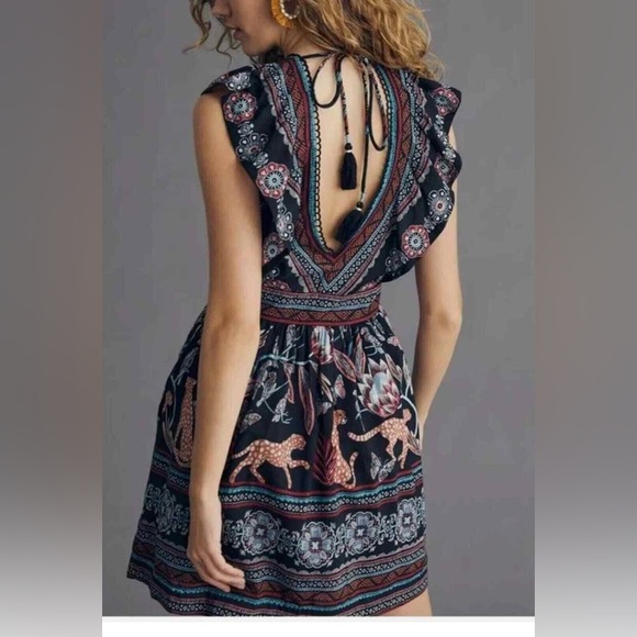 Anthropologie V-Neck Plunge Tunic Mini Dress Black Motif Animal Print size small - Picture 3 of 6